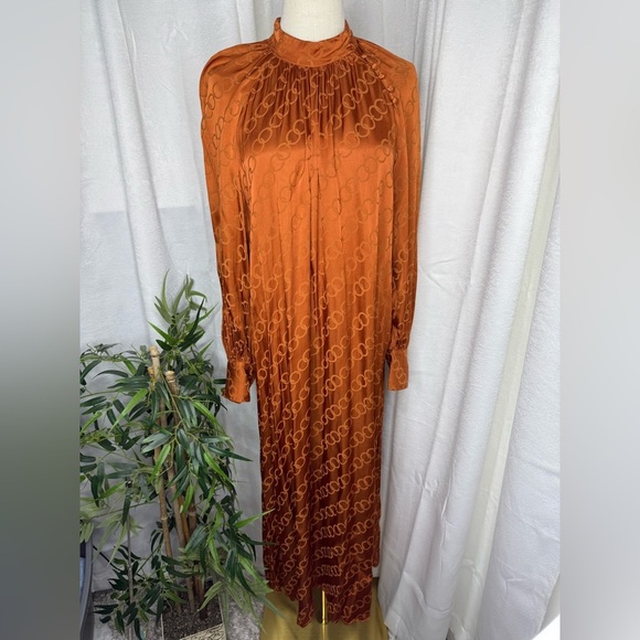 MANGO Women’s Mock-neck Long Sleeve Flowy Long Dress in Copper Sz M - Picture 3 of 13